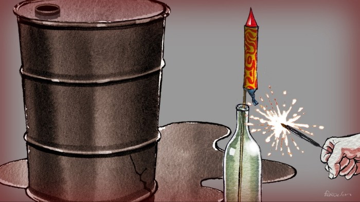 James Ferguson illustration of a hand holding a flame to light a firework rocket standing in a bottle next to a barrel of oil