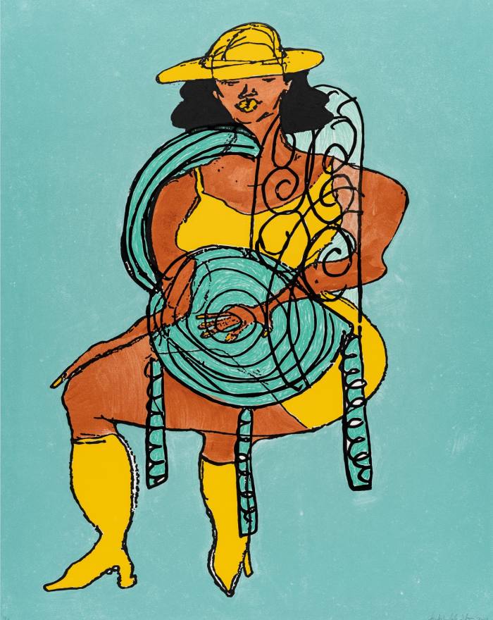 Lady in Yellow on Spiral Seat #2 Teal Background, 2022, by Tschabalala Self, €30,000 (edition of 12), released 13 October on avantarte.com