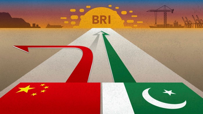 Illustration showing China’s flag with an arrow pointing left and Pakistan’s flag with an arrow pointing straight