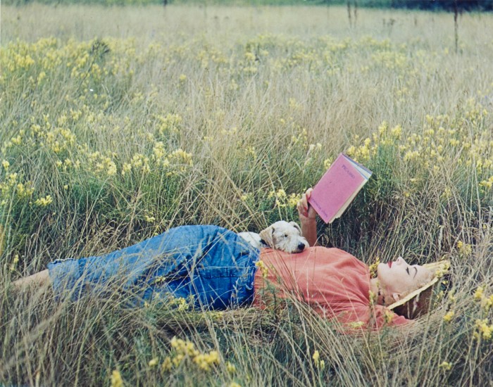 Lisa Fonssagrives-Penn lying in a field of grass, reading Gertrude Stein’s Picasso book, 1952, by Irving Penn for Vogue