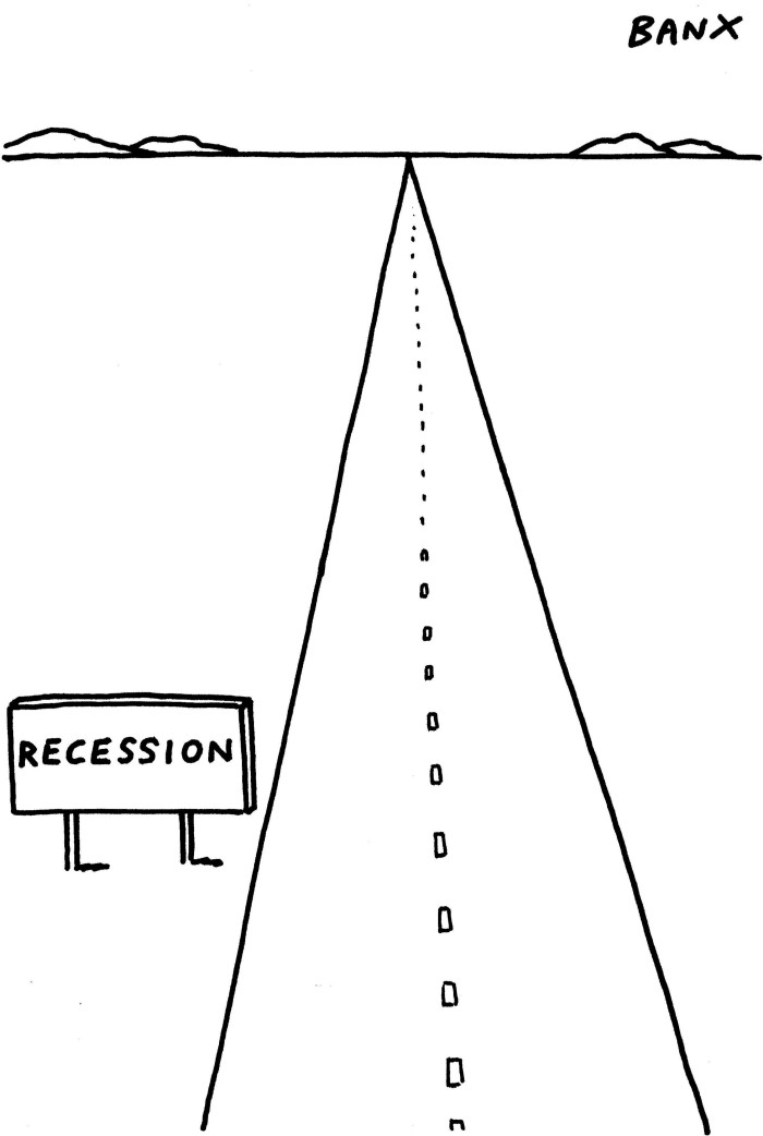 A Banx illustration showing a long, straight road with a signage that says “recession” on the foreground