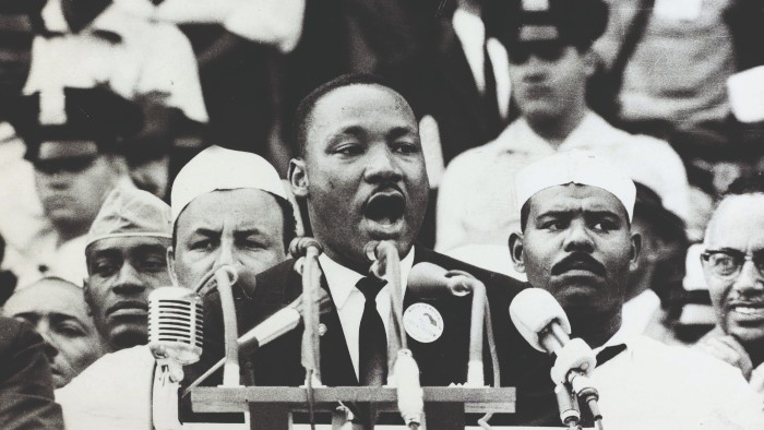 Martin Luther King delivering his famous “I Have a Dream” speech at the Lincoln Memorial in Washington