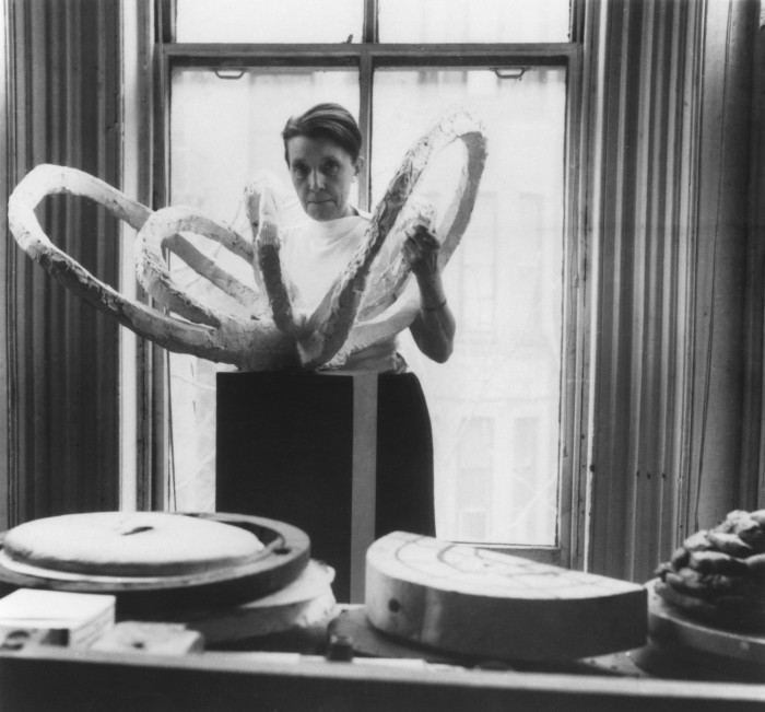 The inspiration: Louise Bourgeois in her studio with her sculpture Life Flower I (in progress), c1960 