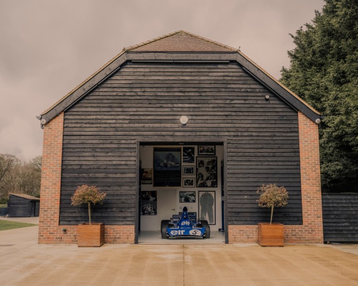 Stewart’s barn, where he keeps his racing cars