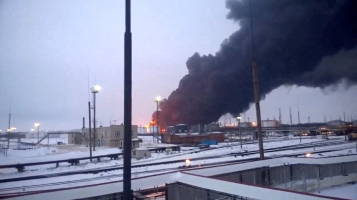 Smoke billows after Ukraine’s SBU drone strikes a refinery