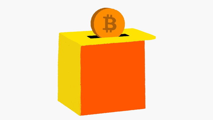 Ben Hickey illustration of an orange and yellow ballot box with a bitcoin put through the top as a vote 
