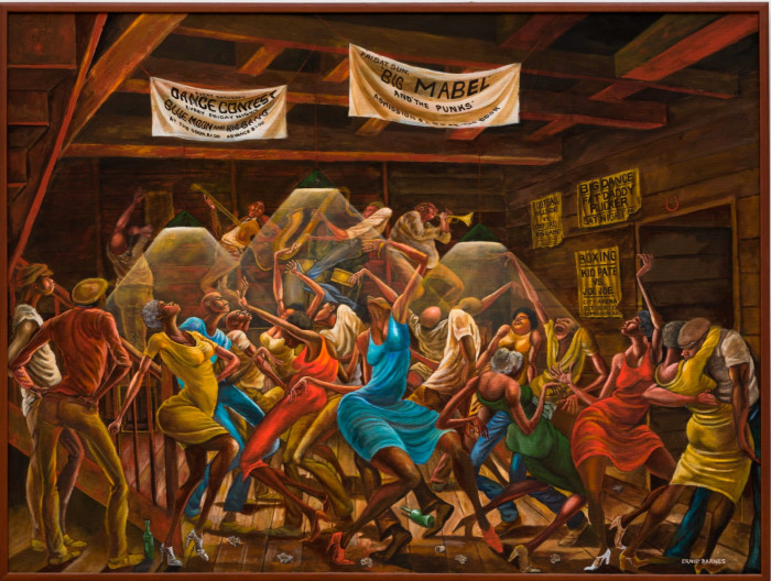 In a painting, a group of stylised men and women dance energetically to a jazz ensemble performing in a crowded wooden room.