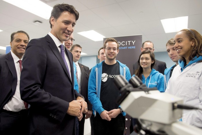 Prime Minister Justin Trudeau tours Velocity, a entrepreneurship program, at the University of Waterloo