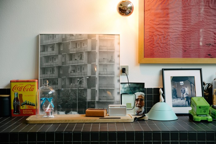 Lupi’s kitchen, with a photograph of Milan by Toni Thorimbert