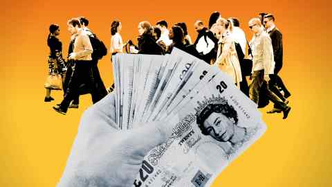 A montage of people walking opposite directions and a black and white image of a hand holding £20 bills on an orange background