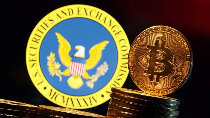 US Securities and Exchange Commission logo and representation of Bitcoin cryptocurrency