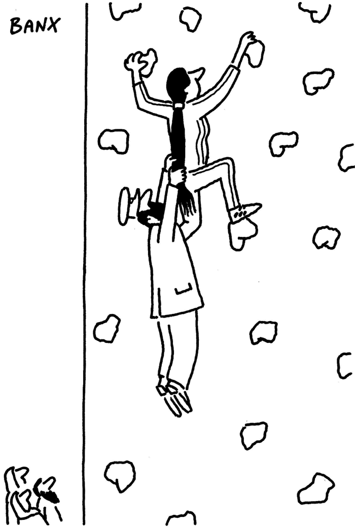Cartoon of a morality police officer pulling the hair of a female climber
