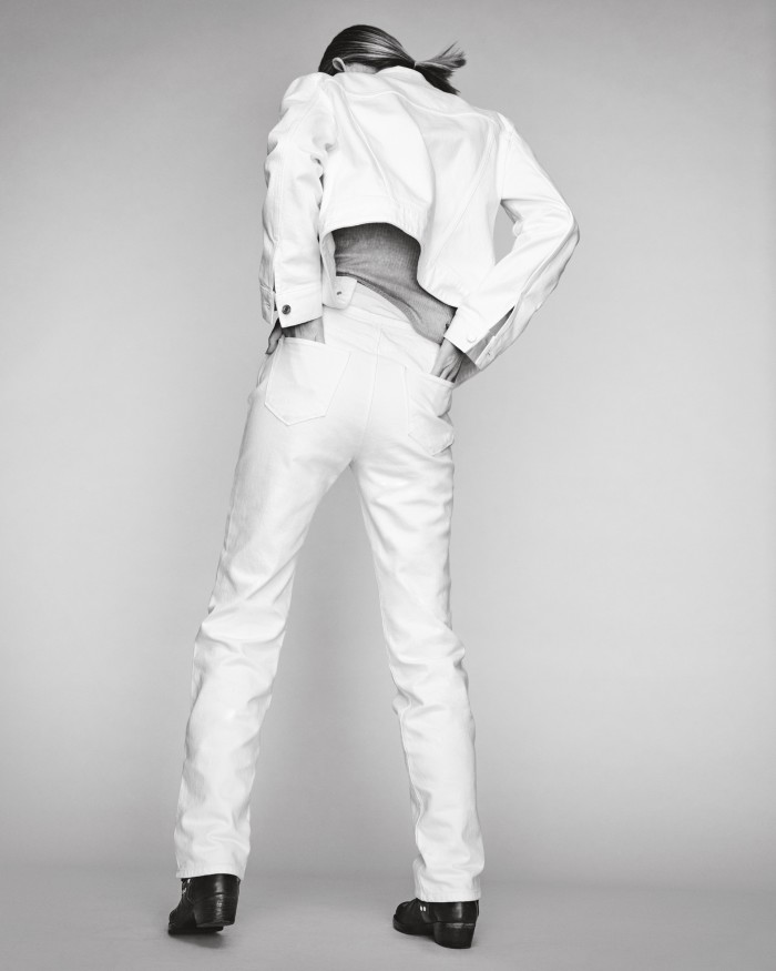 Karl Lagerfeld x Amber Valletta organic- and recycled-cotton denim jacket, £219, and matching trousers, £169. Stella McCartney cotton ribbed-knit tank, £550. Paris Texas square-toe Roxy boots, stylist’s own