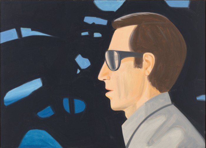 In a painting, a middle-aged man wearing sunglasses and a grey shirt is portrayed against a dark, abstract background 