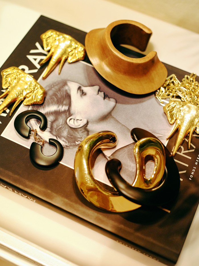 Natia x Lako Elephant earrings, €580, and necklace, €315. Rabih Kayrouz bracelets, from €410, and earrings, €305