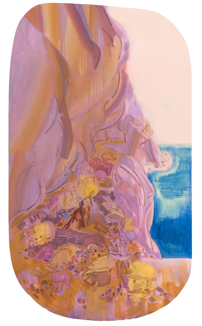 A drawing seemingly of purple-orange cliffs pouring down to the sea
