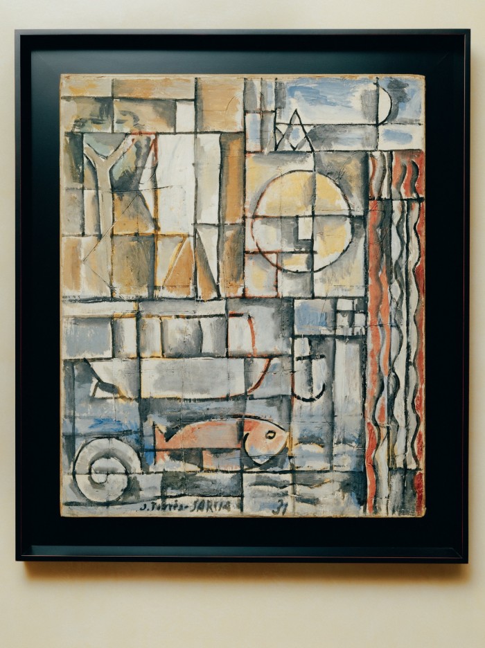 A Cubist painting of a man fishing, so all is divided into squares of different sizes and with different perspectives