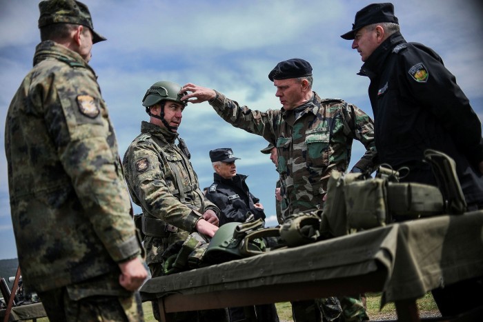 Admiral Rob Bauer (second right) takes part in multinational battle group exercises near the village of Novo Selo, about 340km from Sofia, Bulgaria, in April this year 