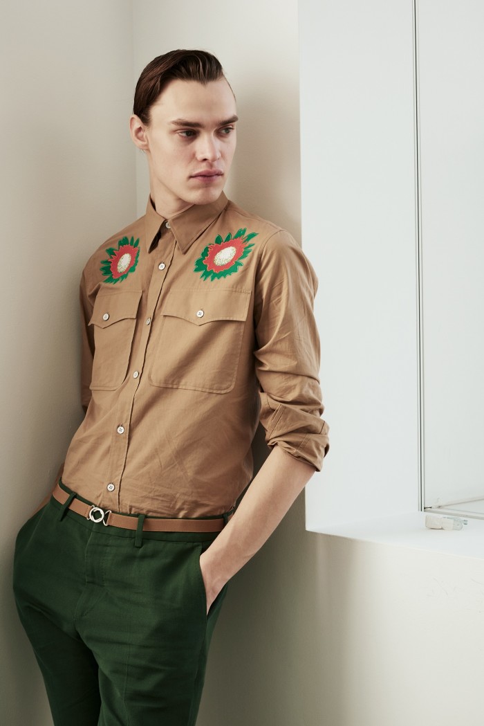  Embroidered cotton shirt, £365, cotton trousers, £325, and elastic belt, £180