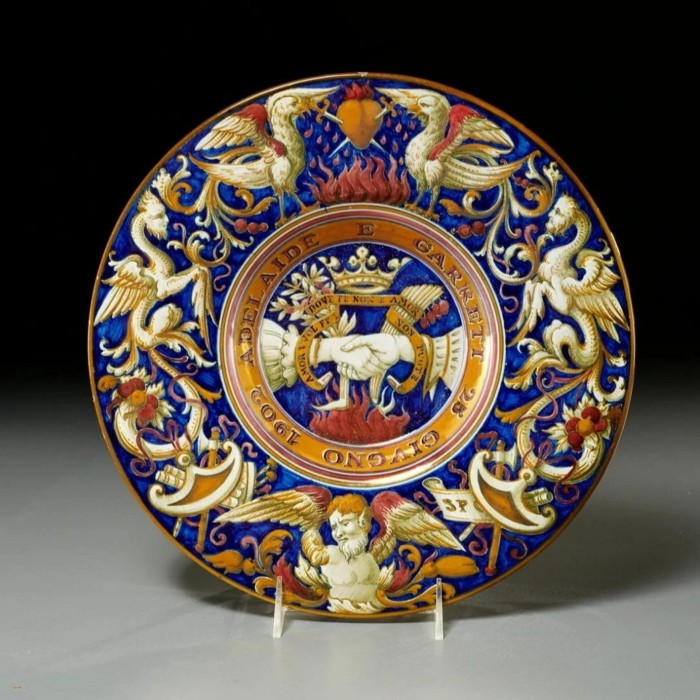 A blue plate with white-painted dragons and birds