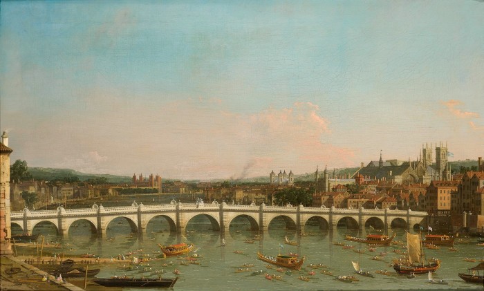 An oil landscape showing Westminster Bridge and the river Thames busy with boats in the 18th century