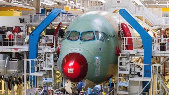 An A350 plane in production at Airbus’s factory in Toulouse, France