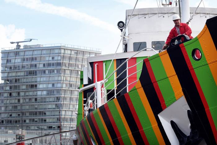 A striped design on the pilot ship Edmund Gardner by Venezuelan artist Carlos Cruz-Diez in Liverpool