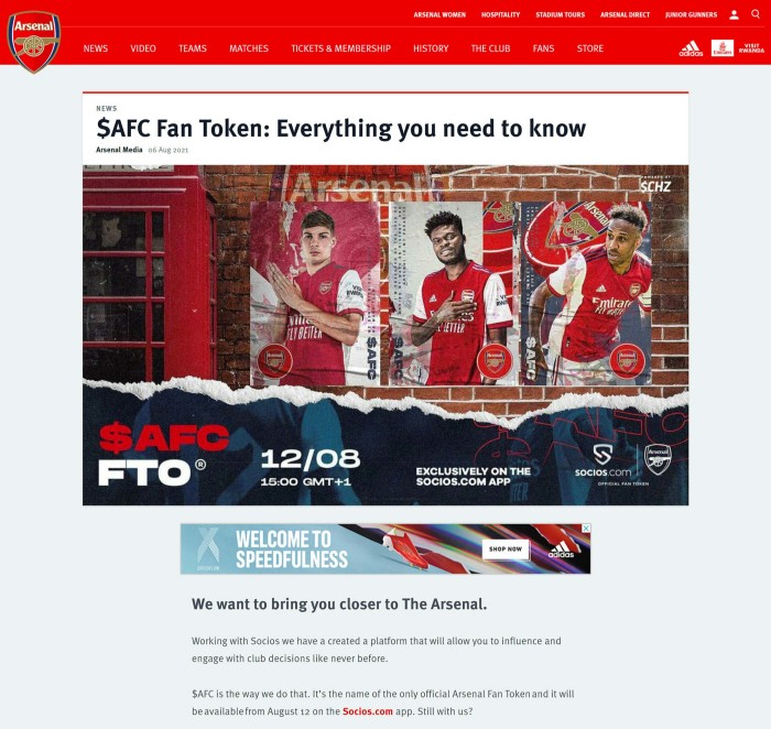 Arsenal ran the promotion on its website and on Facebook promoting its fan token under the ticker symbol $AFC, the ASA said