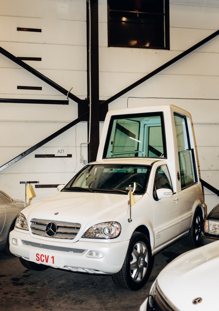 The 2002 Mercedes-Benz ML 430 “Popemobile” modified for Pope John Paul II, in the Heilige Hallen