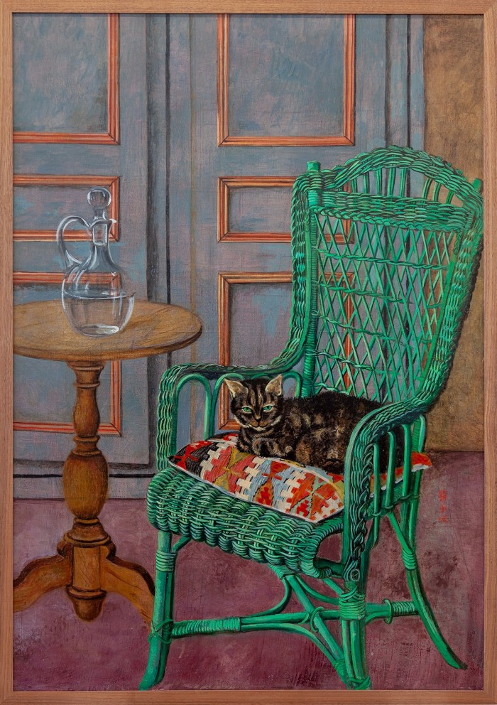 Chat assis sur fauteuil en osier vert, 1996-1997, by Setsuko