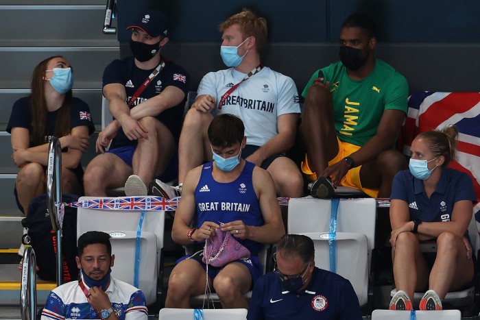 Tom Daley, an enthusiastic advocate of knitting and crochet, at the Tokyo Olympics, August 2021 