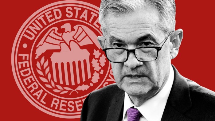 A montage of Fed chair Jay Powell and the Fed logo