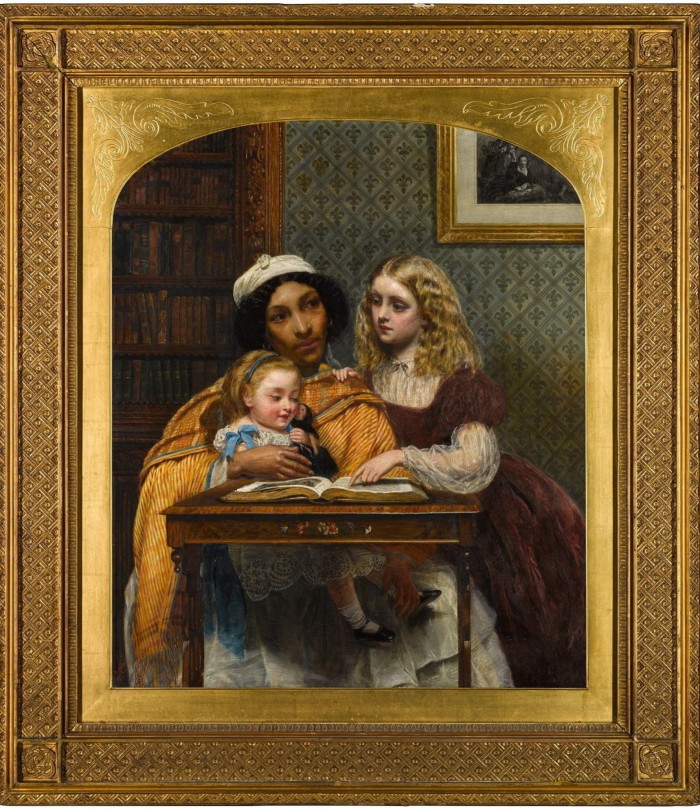 Painting of a dark-skinned woman in an orange shawl holds a small light-skinned child as another light-skinned child tries to read a book