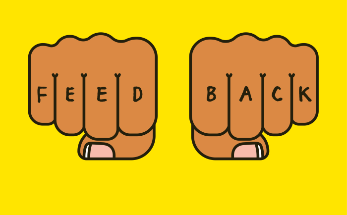 An illustration of two clenched fists with the letters ‘FEED’ and ‘BACK’ on them