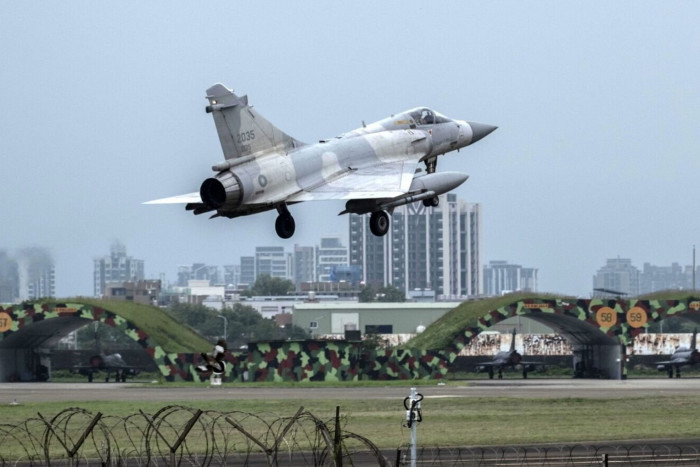 A Taiwanese Air Force fighter jet prepares to land at Hsinchu Air Base in Hsinchu, Taiwan, 