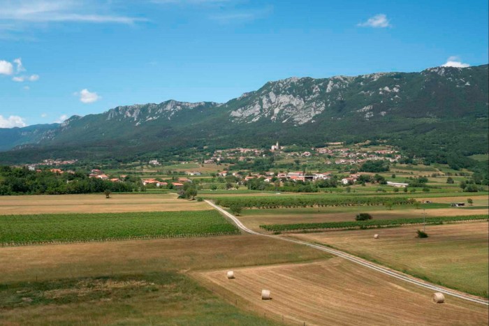 The Trnovo Forest Plateau seen from the village of Zemono in the Vipava valley, Slovenia