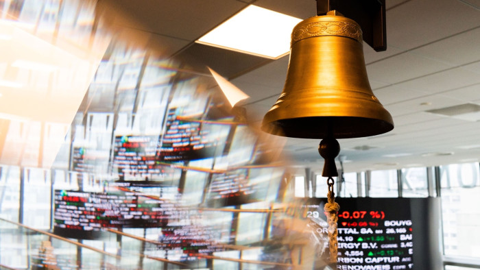 A bell inside the Euronext NV stock exchange in Paris