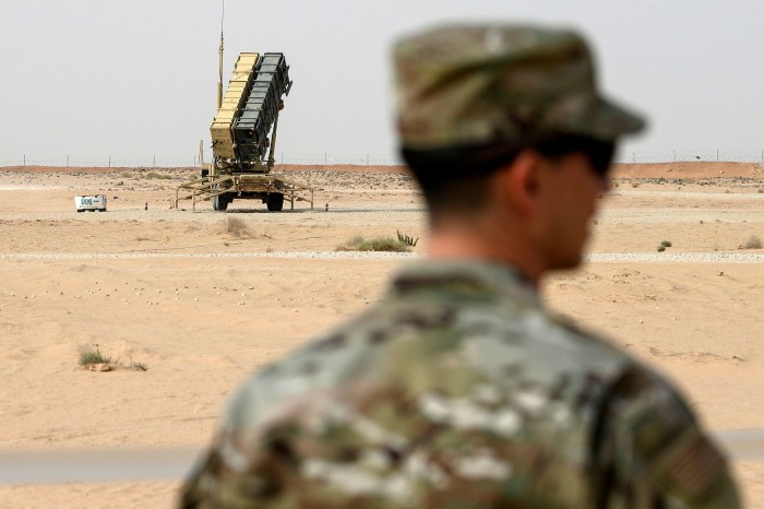A US Air Force soldier stands near a Patriot missile battery at the Prince Sultan air base in al-Kharj, central Saudi Arabia