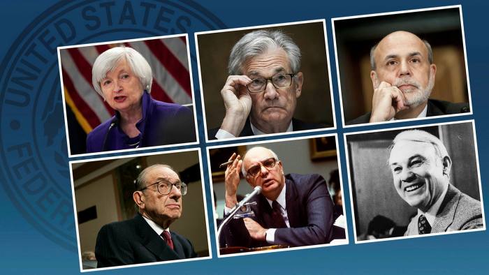 Current Fed chair Jay Powell, top row, centre, with, clockwise from left, former chairs Janet Yellen, Ben Bernanke, G William Miller, Paul Volcker and Alan Greenspan