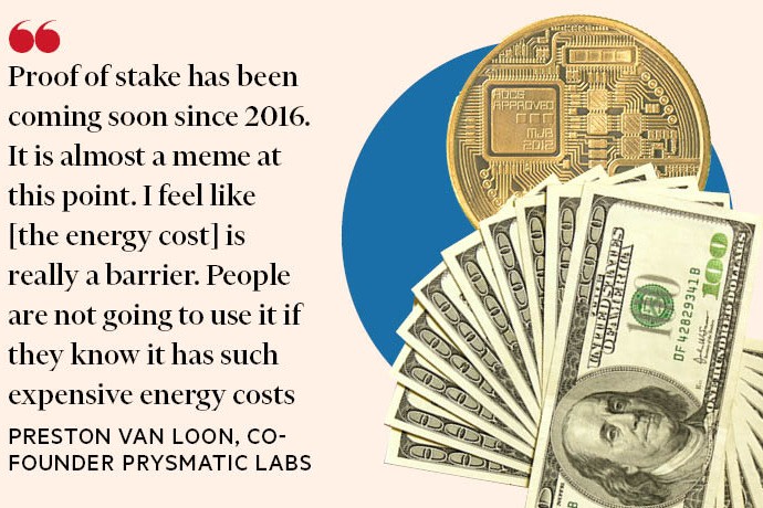 images of a digital token next to a fan of dollar bills