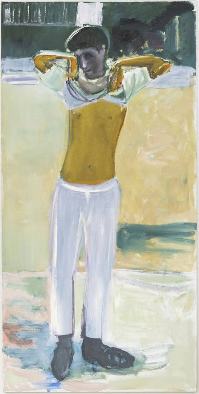 Painting of a boy wearing white trousers and lifting up his T-shirt to reveal his bare chest