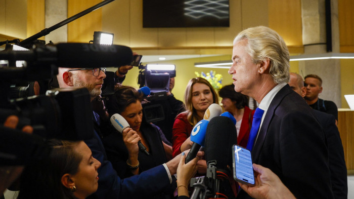 Geert Wilders speaks to the media in The Hague on Thursday