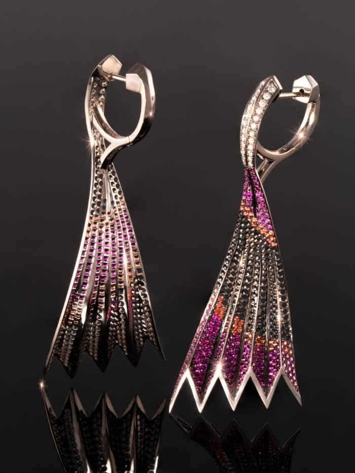 White-gold, black-rhodium-plated, diamond, ruby and pink- and orange-sapphire Stardust earrings, $57,000
