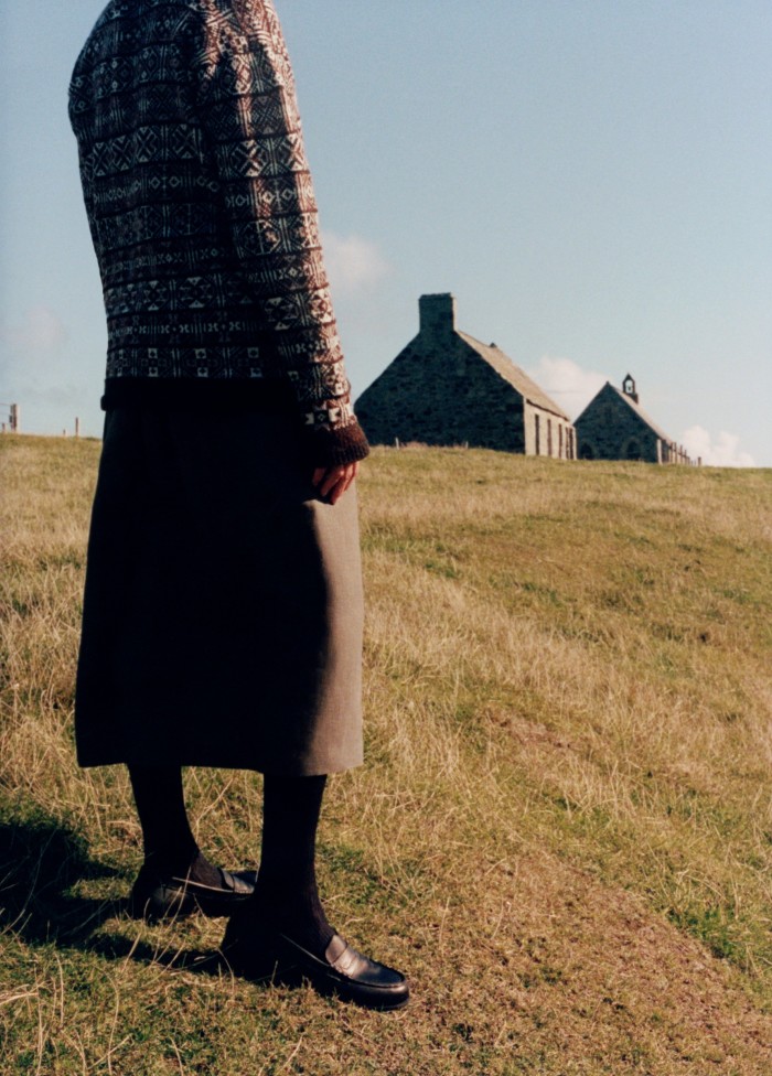 Mati Ventrillon x Old Stone Trade Fair Isle wool fisherman’s sweater, POA. Atelier Bomba linen Apron dress, $1,900. Aldanondo y Fdez leather penny loafers, $1,030