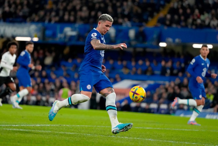 Chelsea’s Enzo Fernández kicking the ball