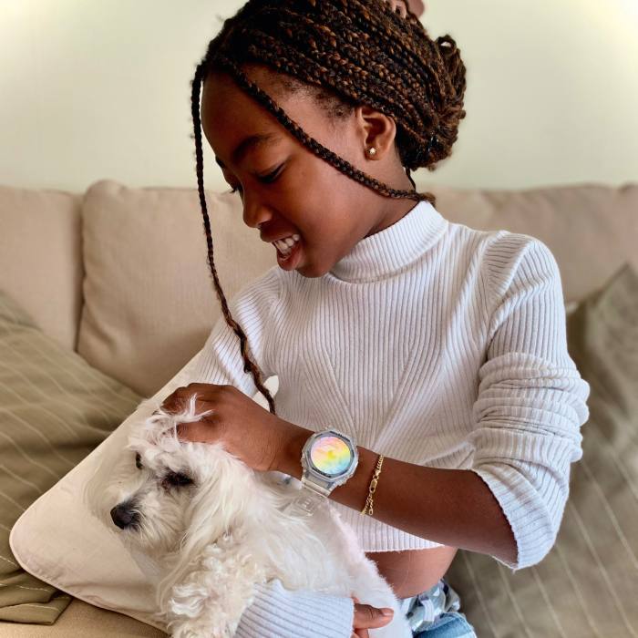 Amandine with her Maltese Belle, wearing a Casio G-Shock GA-2100SRS-7AER Iridescent Color 