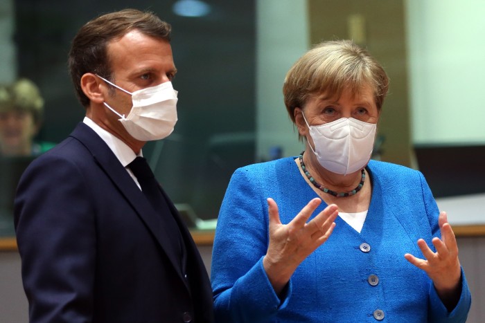 Emmanuel Macron and Angela Merkel at an EU summit to discuss the EU’s long-term budget and coronavirus recovery plan, Brussels, July 18. Their May announcement was ‘a total game-changer’ says one French official.  