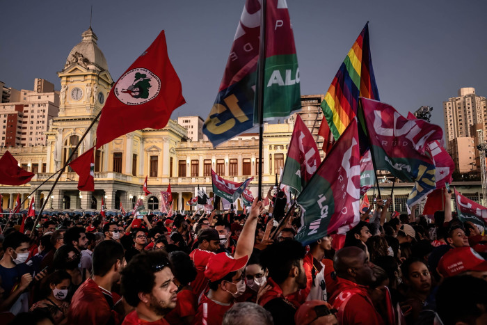 Supporters of Lula gather with flags in Belo Horizonte earlier this month for the former president’s first official rally of his election campaign