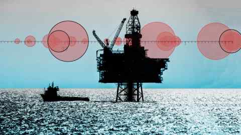 Montage of an oil platform at sea and chart images