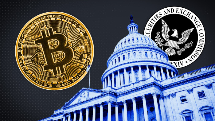 The logo of bitcoin and the SEC against an image of the Capitol